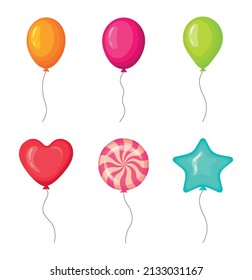 Juego de globos de carnaval aislados en fondo blanco.Conjunto festivo de globos coloridos en diferentes
formas.naranja, rosa, verde y corazón, caramelo espiral, globos de aire estelar.