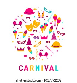 Set for Carnival Banner With Flat Sticker Icons Set. Vector illustration. Masquerade Concept. 