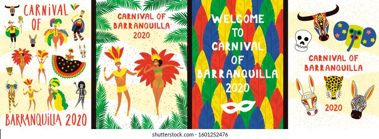 Set of Carnival of Barranquilla posters with dancing people in traditional costumes, animal masks, colorful feathers, text. Hand drawn vector illustration. Flat style design. Concept for flyer, banner