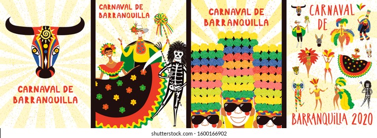 Set of Carnival of Barranquilla posters with people in traditional costumes, animal masks, tropical leaves, Spanish text. Hand drawn vector illustration. Flat style design. Concept for flyer, banner.