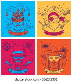 SET OF CARNIVAL CHARACTERS IN MASKS / COSTUMES. Line art, outline style. Editable vector illustration file.