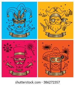 SET OF CARNIVAL CHARACTERS IN MASKS / COSTUMES. Line art, outline style. Editable vector illustration file.