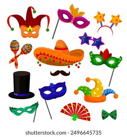 Set of carnival elements in cartoon style. Vector illustration: masks, fan, clown cap, black hat, butterfly, hoop with stars and glasses, sombrero with mustache, maracas isolated on white background.