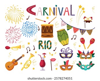 Set of carnival elements. Fireworks, masks, drums, guitar, maracas, pipes, trumpet, beach cocktail, garland of flags. Vector illustration