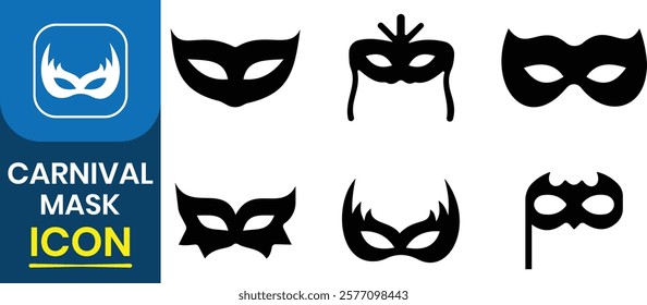 Set of Carnival Face mask vector icon. Feathers fan and magic, security and fraud topic, incognito theatre secret party masque, Scammer or thief mask. carnival villain or burger vector illustration.