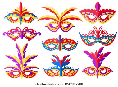 Set of carnival face masks. Masks for party decoration or masquerade. Colored mask with feathers. Vector illustration isolated on white background. Web site page and mobile app design
