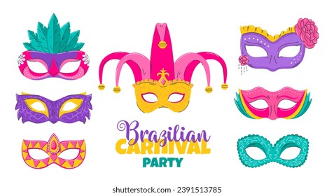 Set of carnival face masks for party decoration or masquerade. Masks with feathers, flower, rhinestones and patterns. Venetian mask. Flat Vector illustration isolated on a white background.