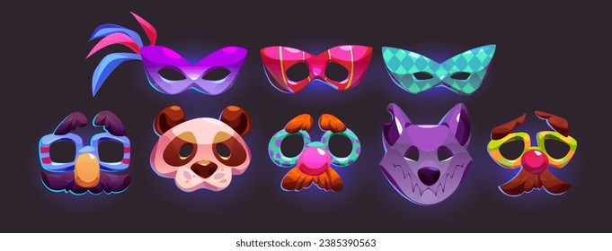 Set of carnival fest masks isolated on black background. Vector cartoon illustration of masquerade party costume elements for face decorated with feather, glasses, clown nose, moustache, animal muzzle