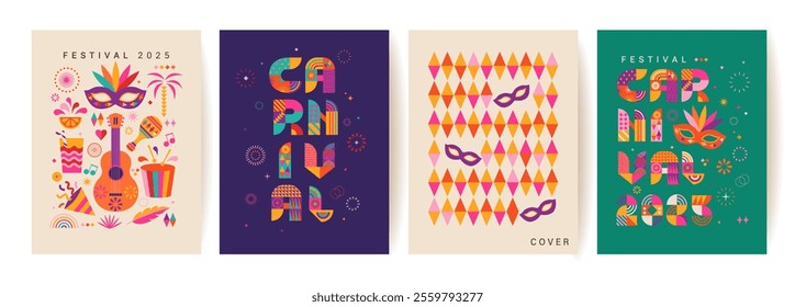 Set carnival flyers for festival 2025.Banner,invitation for holiday.Party cards to carnaval,mardi gras,masquerade, parade with fireworks, pattern, symbols of holiday. Template for design web. Vector