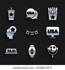 Set Carnival garland with flags, American Football ball, Tourist binoculars, USA Independence day, Taxi car roof, Head, Potatoes french fries box and Paper glass straw icon. Vector