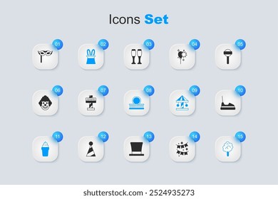Set Carnival garland with flags, Attraction carousel, Magician hat rabbit ears, Ice cream in waffle, Cotton candy, Bumper, Festive mask and Roller coaster icon. Vector