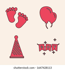 Set Carnival garland with flags, Baby footprints, Balloons with ribbon and Party hat icon. Vector