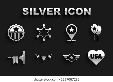 Set Carnival garland with flags, Balloons, USA Independence day, Star American military, Trumpet, Medal star and Hexagram sheriff icon. Vector