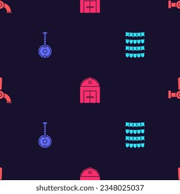 Set Carnival garland with flags, Banjo, Farm House and Beer tap on seamless pattern. Vector