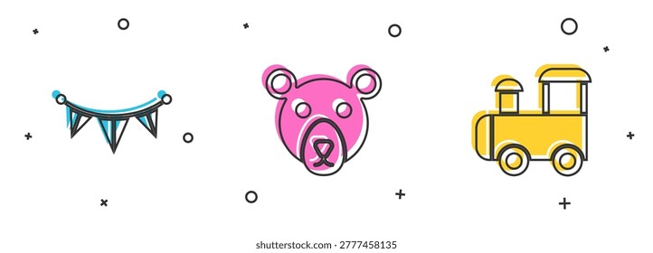Set Carnival garland with flags, Bear head and Toy train icon. Vector