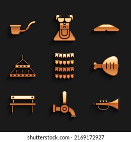 Set Carnival garland with flags, Beer tap, Musical instrument trumpet, Chicken leg, Bench, Massive steel chandelier, Homemade pie and Smoking pipe icon. Vector