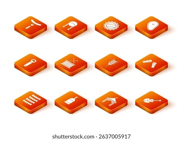 Set Carnival garland with flags, Beer bottle, Bottle opener, Musical drum sticks, Camping tent, Wheat, Violin and Glass of beer icon. Vector