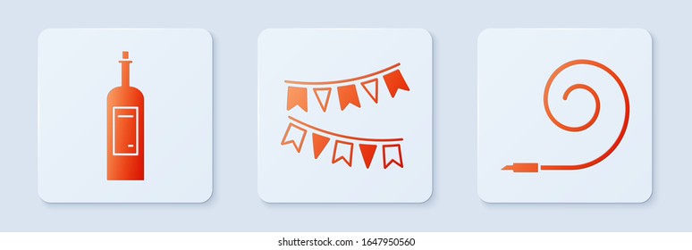 Set Carnival garland with flags , Bottle of wine  and Birthday party horn . White square button. Vector