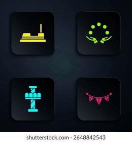 Set Carnival garland with flags, Bumper car, Attraction carousel and Juggling ball. Black square button. Vector
