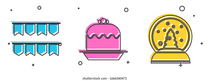 Coloca la guirnalda del Carnaval con banderas, pastel y globo nevado de Navidad. Vector