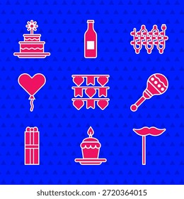 Definir grinalda de Carnaval com bandeiras, Velas queimando bolo, bigode de papel na vara, Maracas, Caixa de presente, forma de balão do coração, luzes de Natal e ícone. Vetor