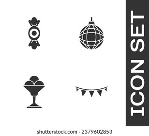 Set Carnival garland with flags, Candy, Ice cream in bowl and Disco ball icon. Vector