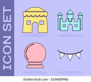 Set Carnival garland with flags, Circus tent, Magic ball and Castle icon. Vector