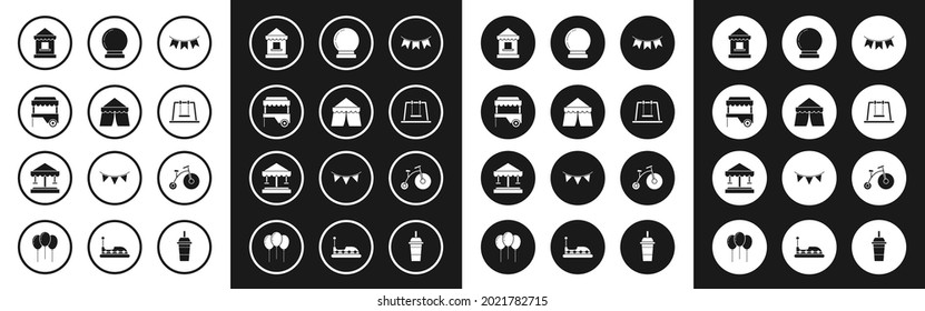 Set Carnival garland with flags, Circus tent, Fast street food cart awning, Ticket box office, Swing, Magic ball, Vintage bicycle one big wheel one small and Attraction carousel icon. Vector