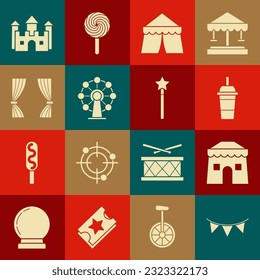 Coloca la guirnalda del Carnaval con banderas, carpa del circo, agua de paja de vidrio de papel, rueda de la fortuna, Cortina, Castillo e icono de varita mágica. Vector