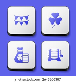 Set Carnival garland with flags, Clover trefoil leaf, Money bag clover and Wooden barrel rack icon. White square button. Vector