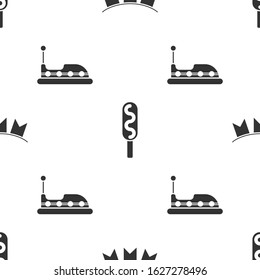 Set Carnival garland with flags, Corn dog and Bumper car on seamless pattern. Vector