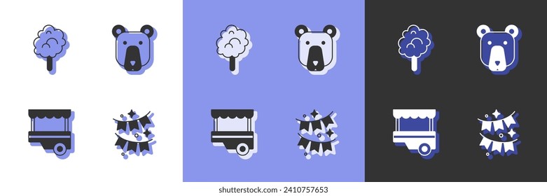 Set Carnival garland with flags, Cotton candy, Fast street food cart and Bear head icon. Vector