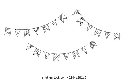 Set of carnival garland with flags. Decorative black and white party pennants for birthday celebration, festival and fair decoration. Vector outline, line art isolated on white background.