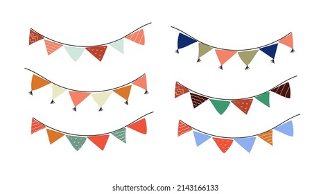 Set Carnival garland with flags. Festive multicolored triangle for holiday design. Hand drawn doodle style illustration.