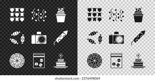 Set Carnival garland with flags, Festive confetti, Cake, Pizza, Plastic bag of drug, burning candles, Candy and Photo camera icon. Vector