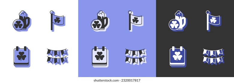 Set Carnival garland with flags, Glass of beer, Saint Patricks day calendar and Ireland clover icon. Vector