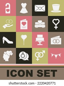 Set Carnival garland with flags, Greeting card, Female gender symbol, Envelope Valentine heart, Wedding rings, Please do not disturb and Bedroom icon. Vector