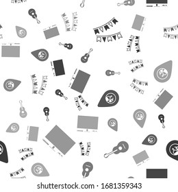 Set Carnival garland with flags , Guitar , Alcohol or beer bar location  and Video game console  on seamless pattern. Vector