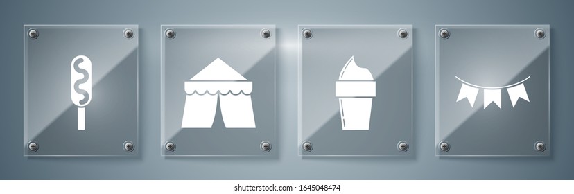 Set Carnival garland with flags, Ice cream in waffle cone, Circus tent and Corn dog. Square glass panels. Vector