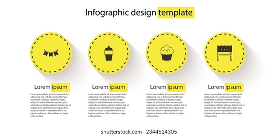 Set Carnival garland with flags, Ice cream in waffle cone, Muffin and BBQ brazier. Business infographic template. Vector