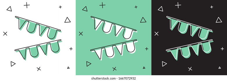 Set Carnival garland with flags icon isolated on white and green, black background. Party pennants for birthday celebration, festival decoration.  Vector Illustration