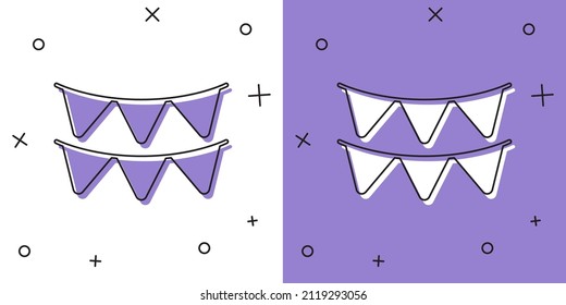 Establezca el área de cultivo del Carnaval con un icono de banderas aisladas en fondo blanco y morado. Pendientes de fiesta para celebración de cumpleaños, decoración de festival.  Vector