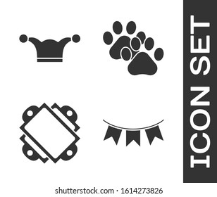 Set Carnival garland with flags, Jester hat with bells, Ticket and Paw print icon. Vector