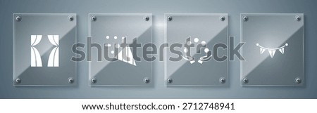 Set Carnival garland with flags, Juggling ball, Festive confetti and Circus curtain raises. Square glass panels. Vector