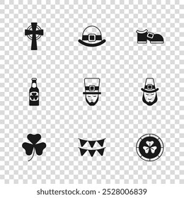 Set Carnival garland with flags, Leprechaun, Golden leprechaun coin, boot, Celtic cross, hat and Beer bottle clover icon. Vector