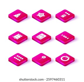 Set Carnival garland with flags, Lollipop, Merry Christmas ringing bell, book, wreath, Candy, Price tag inscription Sale and star icon. Vector
