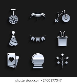 Set Carnival garland with flags, Magic ball, Fireworks, Magician hat rabbit ears, Playing card, Party, Vintage bicycle one big wheel one small and Unicycle icon. Vector