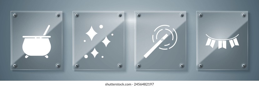 Set Carnival garland with flags, Magic wand, Sparkle stars with magical glitter and Witch cauldron. Square glass panels. Vector