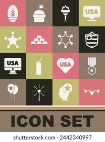 Set Carnival garland with flags, Medal star, Shield stars, Torch flame, Gold bars, Hexagram sheriff, American Football ball and  icon. Vector