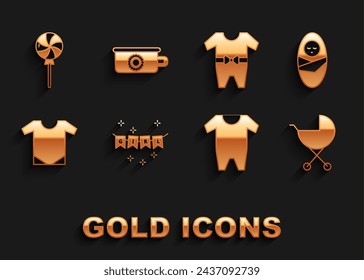 Conjunto de guirnalda de carnaval con banderas, bebé recién nacido enfundado, cochecito de bebé, ropa, una cara, piruleta y orinal icono. Vector